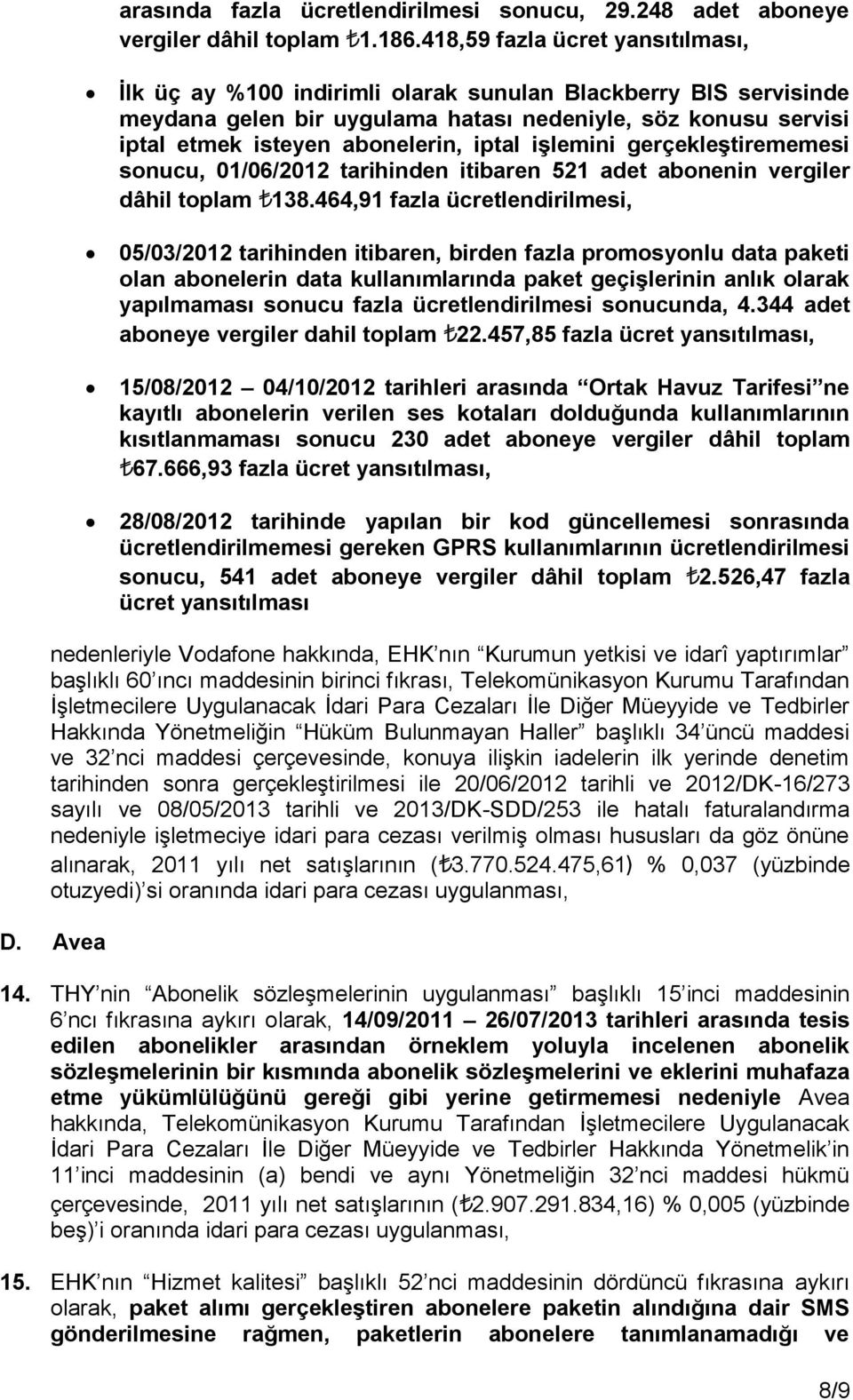 iptal işlemini gerçekleştirememesi sonucu, 01/06/2012 tarihinden itibaren 521 adet abonenin vergiler dâhil toplam 138.