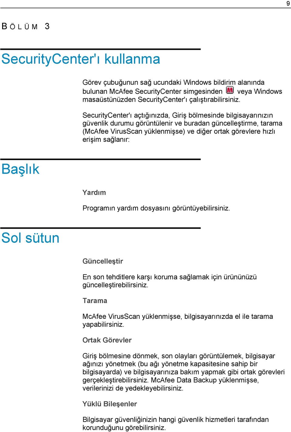 sağlanır: Başlık Yardım Programın yardım dosyasını görüntüyebilirsiniz. Sol sütun Güncelleştir En son tehditlere karşı koruma sağlamak için ürününüzü güncelleştirebilirsiniz.