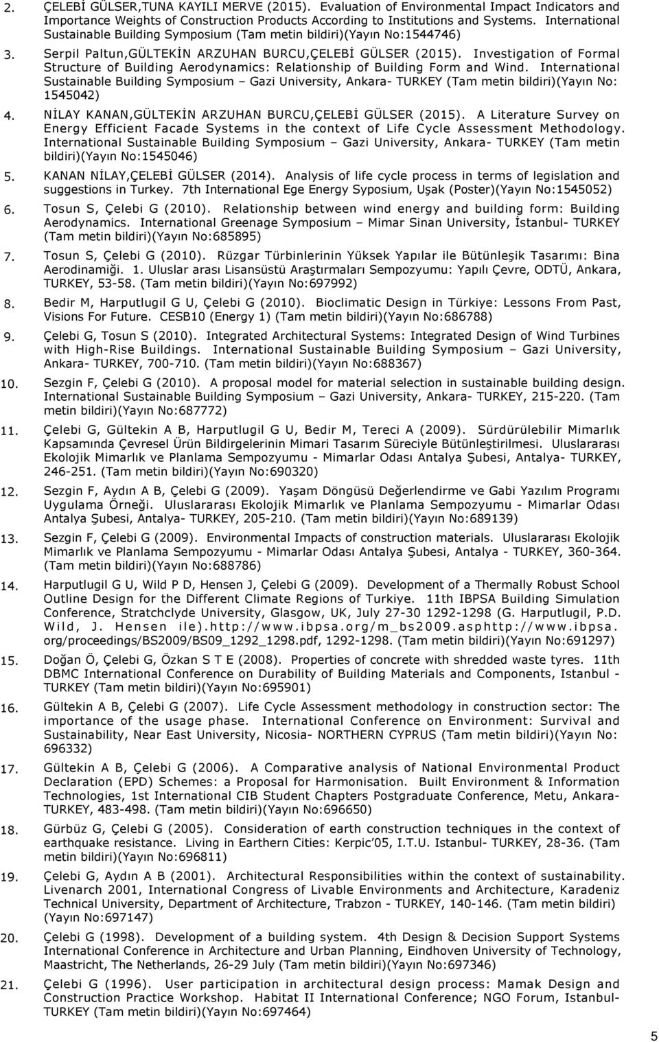 International Sustainable Building Symposium (Tam metin bildiri)(yayın No1544746) Serpil Paltun,GÜLTEKİN ARZUHAN BURCU,ÇELEBİ GÜLSER (2015).