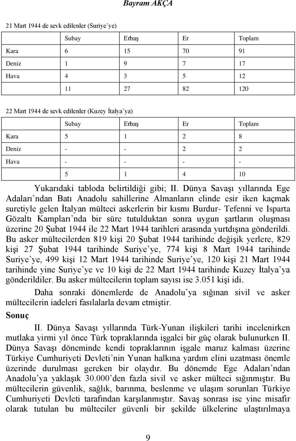 Dünya Savaşı yıllarında Ege Adaları ndan Batı Anadolu sahillerine Almanların elinde esir iken kaçmak suretiyle gelen İtalyan mülteci askerlerin bir kısmı Burdur- Tefenni ve Isparta Gözaltı Kampları