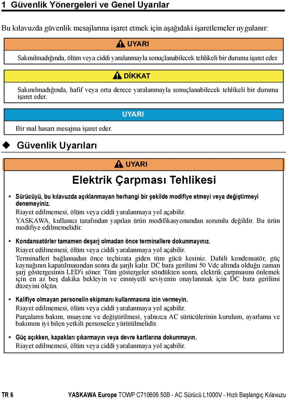 UYARI UYARI Elektrik Çarpması Tehlikesi Sürücüyü, bu kılavuzda açıklanmayan herhangi bir şekilde modifiye etmeyi veya değiştirmeyi denemeyiniz.