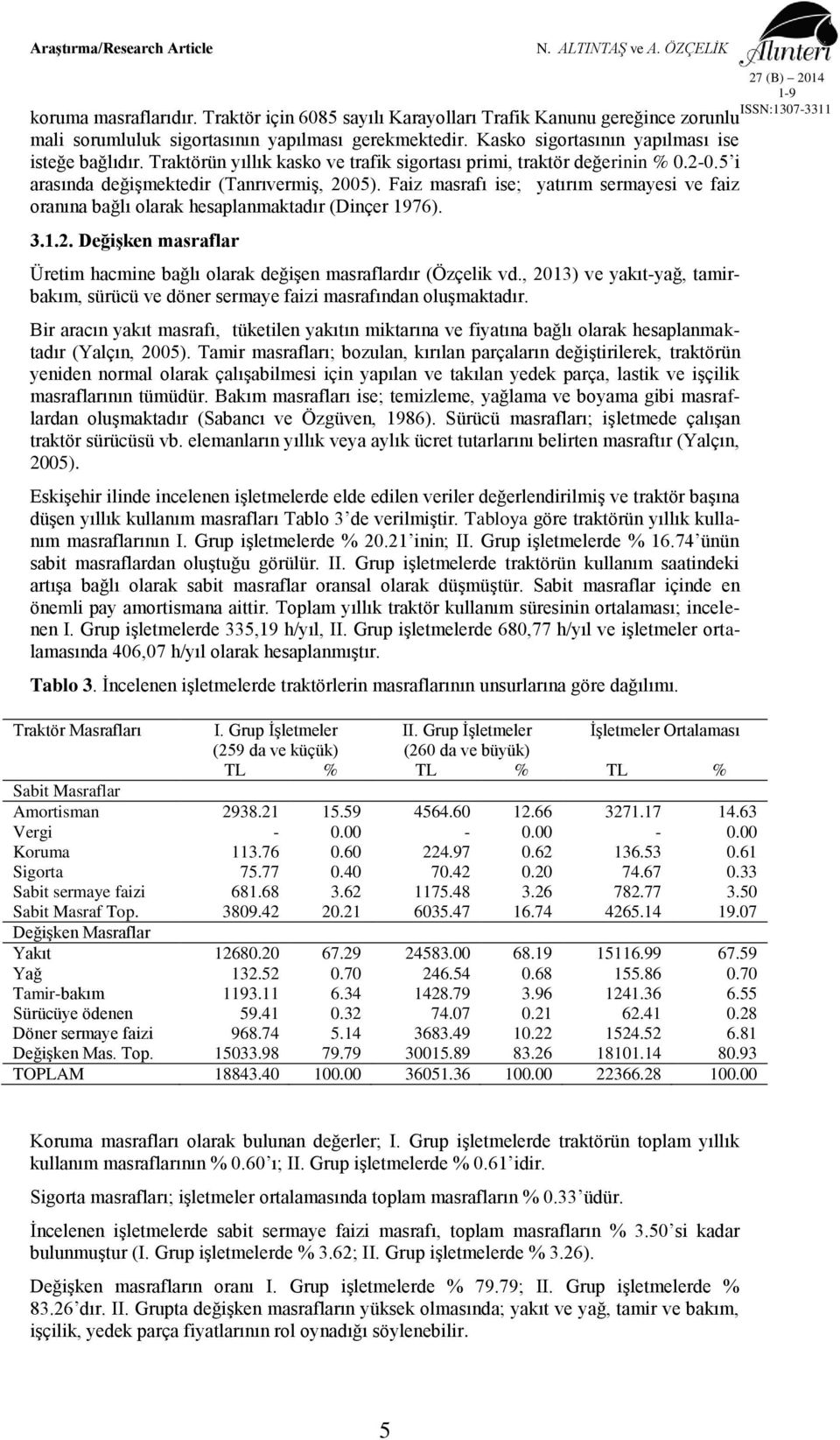 Faiz masrafı ise; yatırım sermayesi ve faiz oranına bağlı olarak hesaplanmaktadır (Dinçer 1976). 3.1.2. Değişken masraflar Üretim hacmine bağlı olarak değişen masraflardır (Özçelik vd.