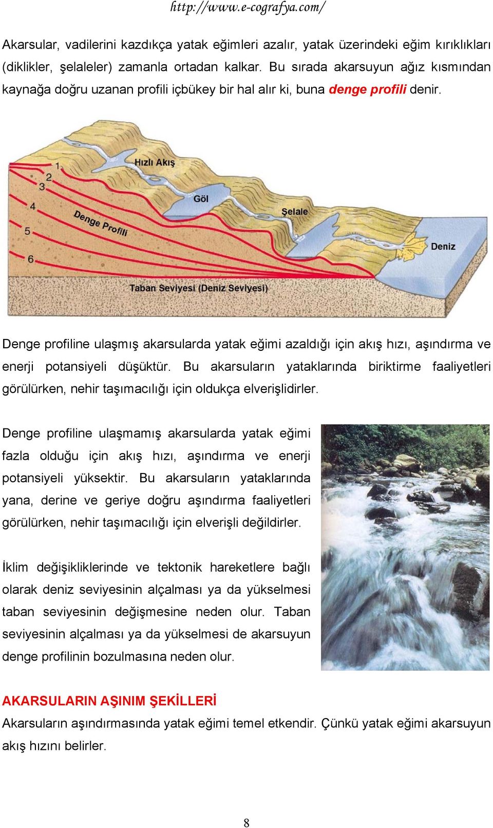 Denge profiline ulaşmış akarsularda yatak eğimi azaldığı için akış hızı, aşındırma ve enerji potansiyeli düşüktür.