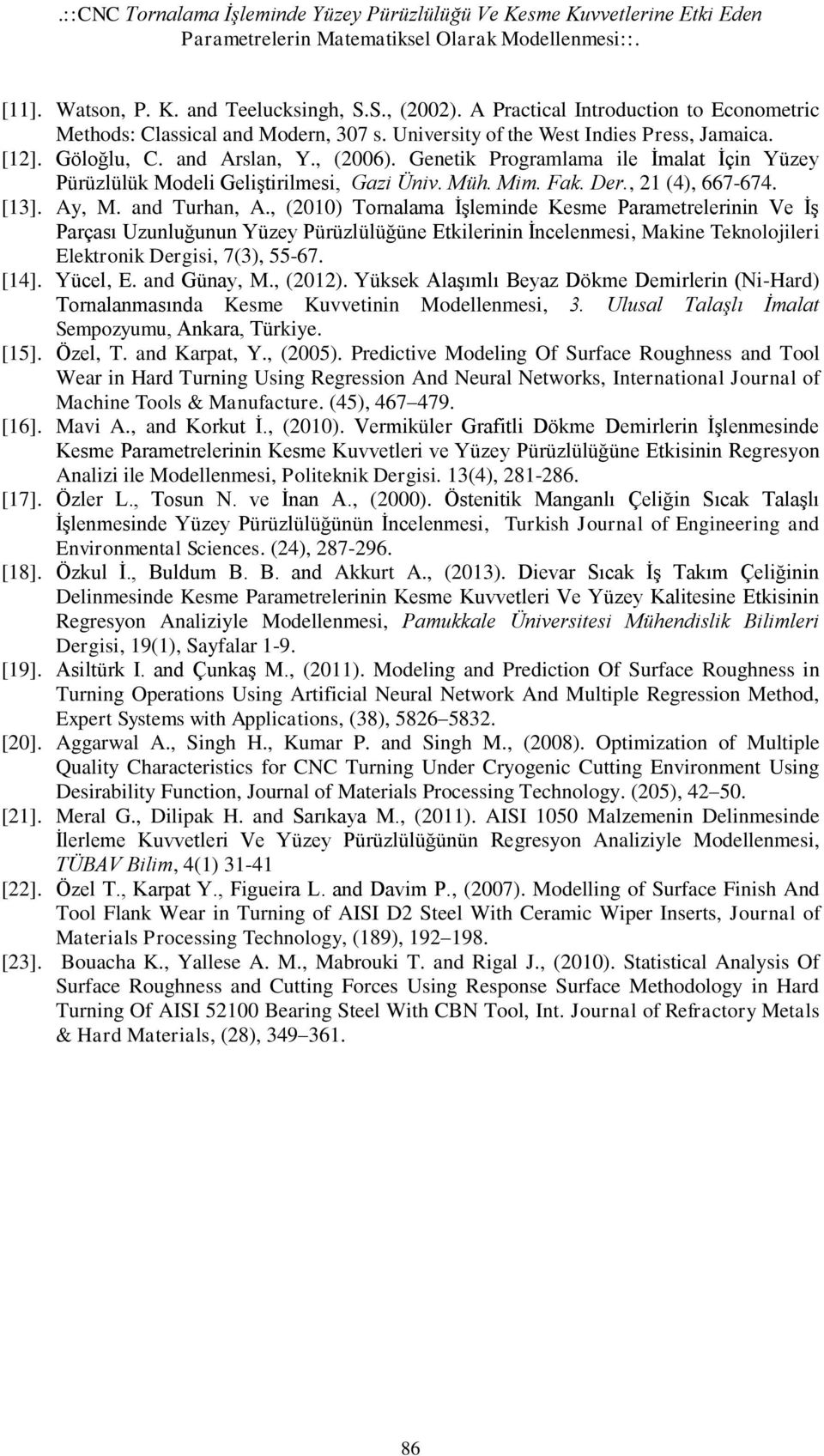 Genetik Programlama ile İmalat İçin Yüzey Pürüzlülük Modeli Geliştirilmesi, Gazi Üniv. Müh. Mim. Fak. Der., 21 (4), 667-674. [13]. Ay, M. and Turhan, A.