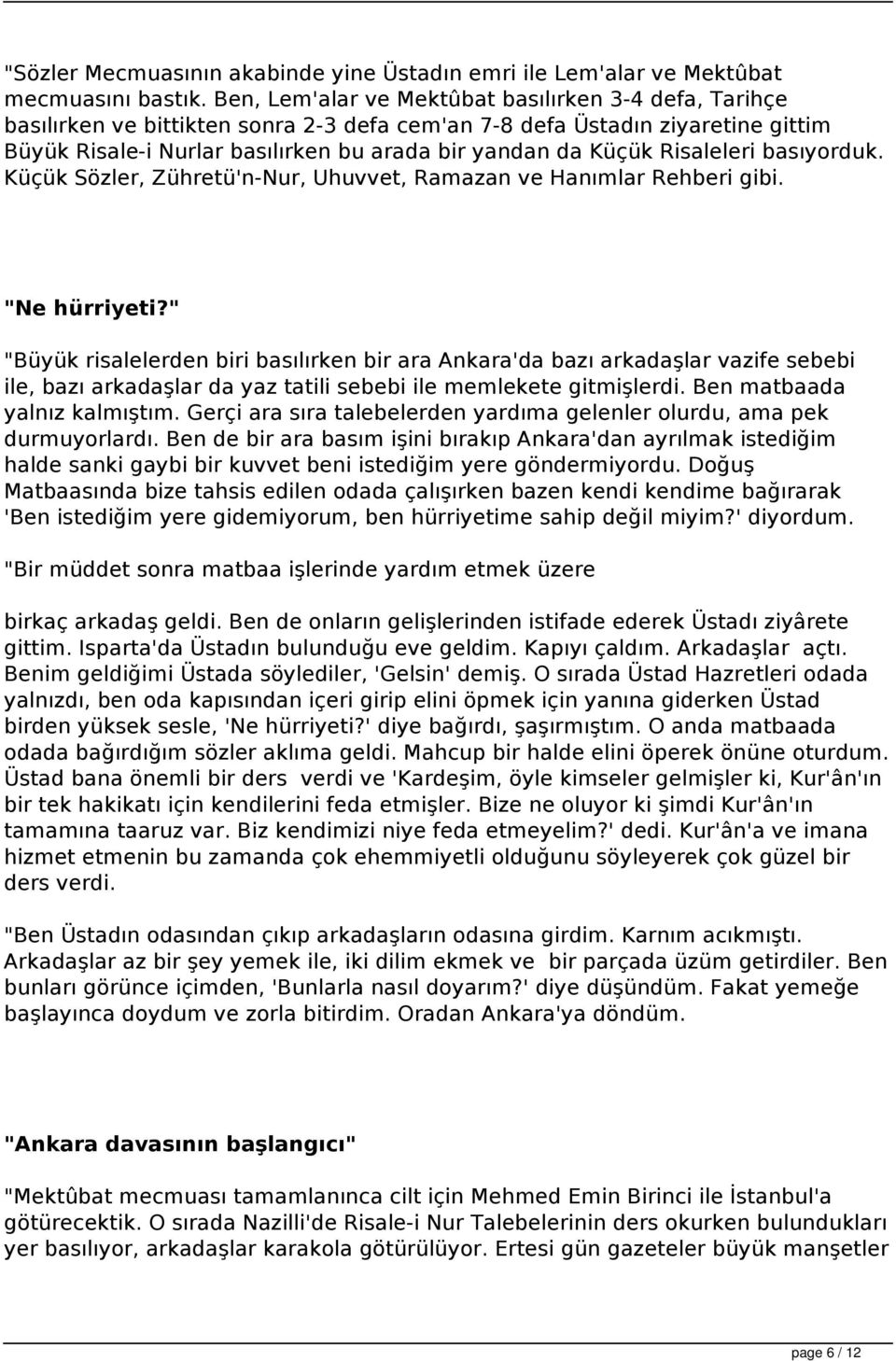 Risaleleri basıyorduk. Küçük Sözler, Zühretü'n-Nur, Uhuvvet, Ramazan ve Hanımlar Rehberi gibi. "Ne hürriyeti?