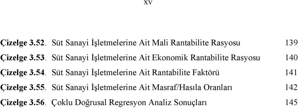 Süt Sanayi İşletmelerine Ait Rantabilite Faktörü 141 Çizelge 3.55.