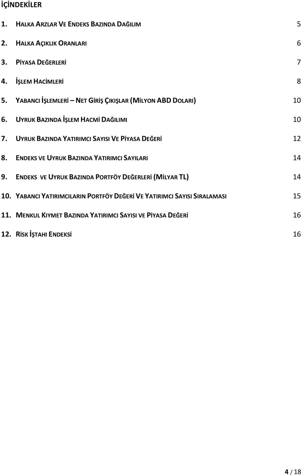 UYRUK BAZINDA YATIRIMCI SAYISI VE PİYASA DEĞERİ 12 8. ENDEKS VE UYRUK BAZINDA YATIRIMCI SAYILARI 14 9.