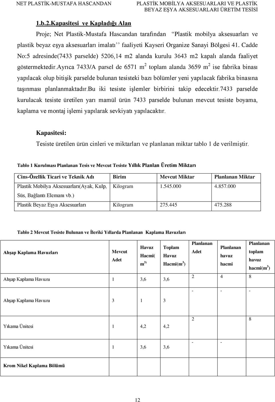 ayrıca 7433/A parsel de 6571 m 2 toplam alanda 3659 m 2 ise fabrika binası yapılacak olup bitişik parselde bulunan tesisteki bazı bölümler yeni yapılacak fabrika binasına taşınması planlanmaktadır.