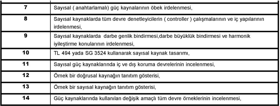 494 yada SG 3524 kullanarak sayısal kaynak tasarımı, 11 Sayısal güç kaynaklarında iç ve dış koruma devrelerinin incelenmesi, 12 Örnek bir doğrusal