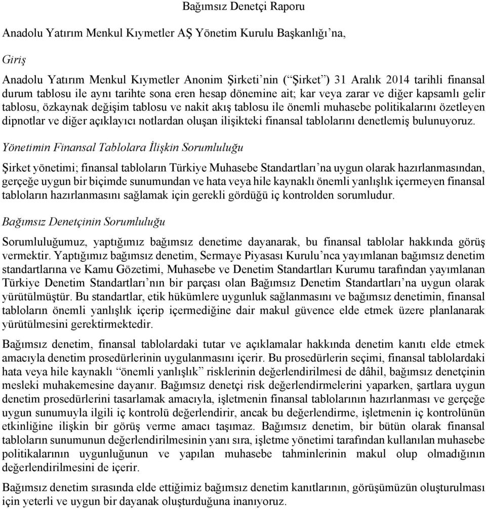 dipnotlar ve diğer açıklayıcı notlardan oluşan ilişikteki finansal tablolarını denetlemiş bulunuyoruz.