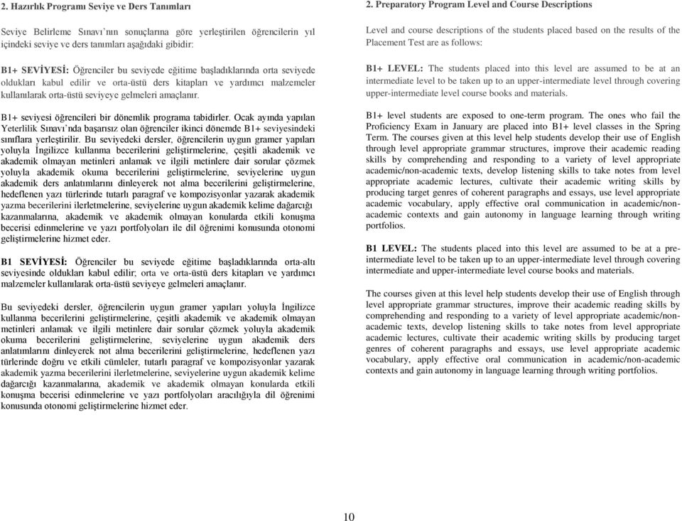 B1+ seviyesi öğrencileri bir dönemlik programa tabidirler. Ocak ayında yapılan Yeterlilik Sınavı nda başarısız olan öğrenciler ikinci dönemde B1+ seviyesindeki sınıflara yerleştirilir.