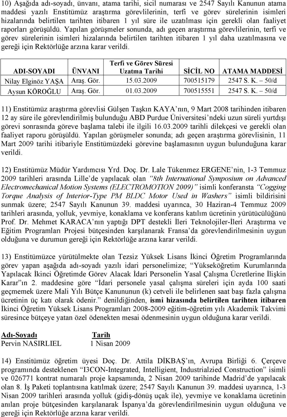 Yapılan görüşmeler sonunda, adı geçen araştırma görevlilerinin, terfi ve görev sürelerinin isimleri hizalarında belirtilen tarihten itibaren 1 yıl daha uzatılmasına ve gereği için Rektörlüğe arzına