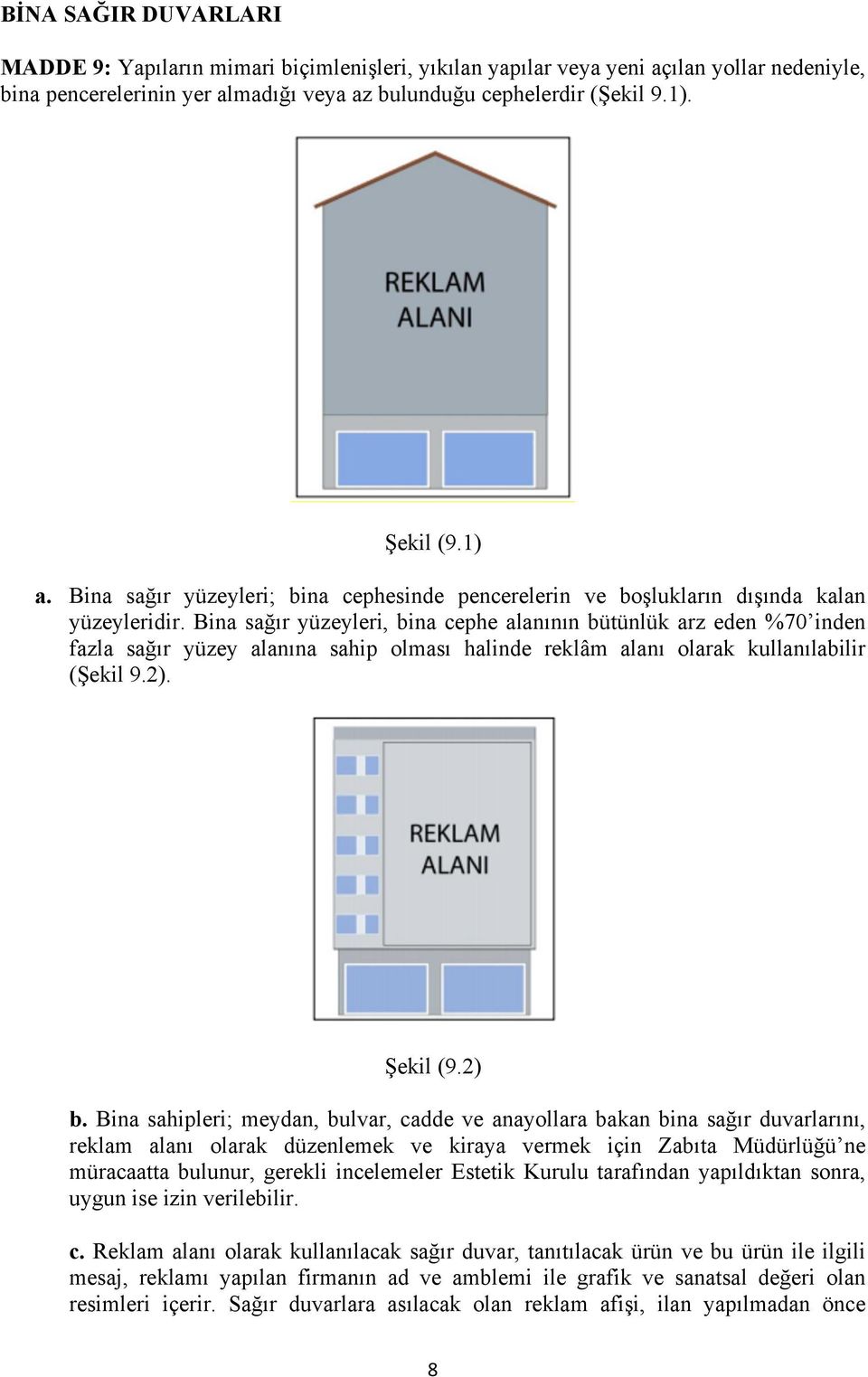 Bina sağır yüzeyleri, bina cephe alanının bütünlük arz eden %70 inden fazla sağır yüzey alanına sahip olması halinde reklâm alanı olarak kullanılabilir (Şekil 9.2). Şekil (9.2) b.