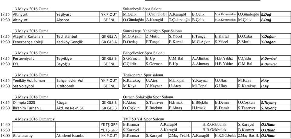 Tunçel E.Kartal M.G.Aşkın S.Yücel Y.Doğan Bahçelievler Spor Salonu 18:15 Pertevniyal L. Teşvikiye GK GLS B S.Görmen B.Up C.M.Bal A.Altıntaş H.B.Yıldız C.Çildir K.Demirel 19:30 FYL Beyoğlu BE FNL C.