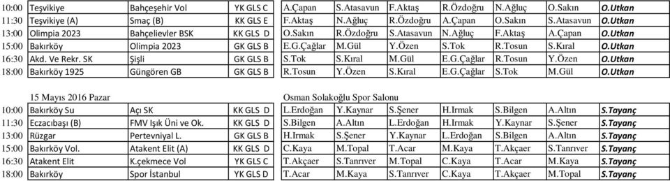 Utkan 16:30 Akd. Ve Rekr. SK Şişli GK GLS B S.Tok S.Kıral M.Gül E.G.Çağlar R.Tosun Y.Özen O.Utkan 18:00 Bakırköy 1925 Güngören GB GK GLS B R.Tosun Y.Özen S.Kıral E.G.Çağlar S.Tok M.Gül O.