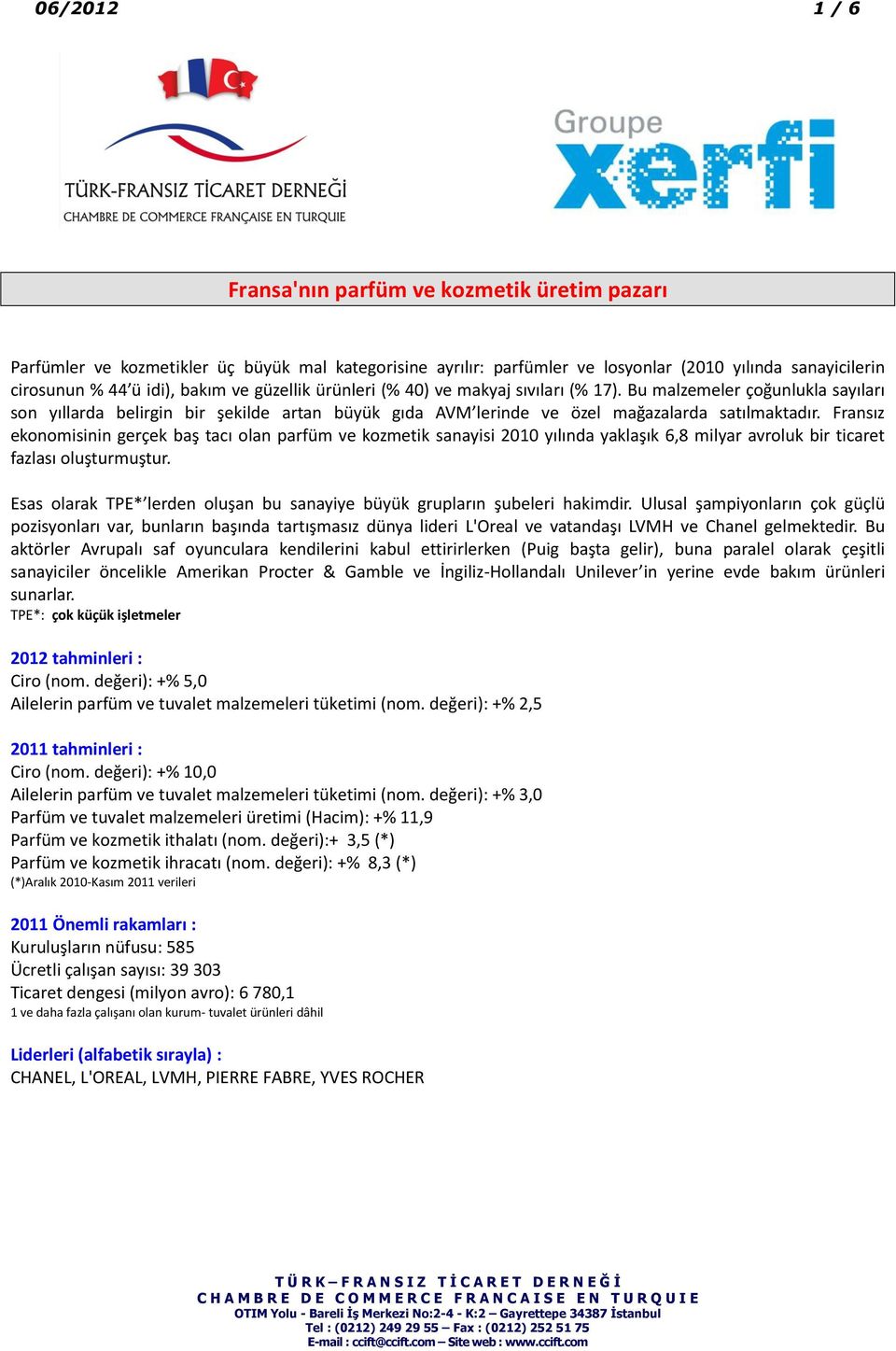 Fransız ekonomisinin gerçek baş tacı olan parfüm ve kozmetik sanayisi 2010 yılında yaklaşık 6,8 milyar avroluk bir ticaret fazlası oluşturmuştur.