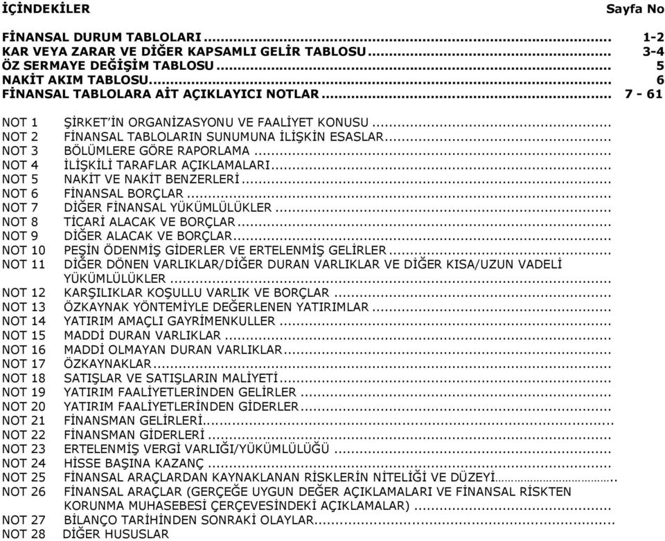 .. NOT 4 İLİŞKİLİ TARAFLAR AÇIKLAMALARI... NOT 5 NAKİT VE NAKİT BENZERLERİ... NOT 6 FİNANSAL BORÇLAR... NOT 7 DİĞER FİNANSAL YÜKÜMLÜLÜKLER... NOT 8 TİCARİ ALACAK VE BORÇLAR.