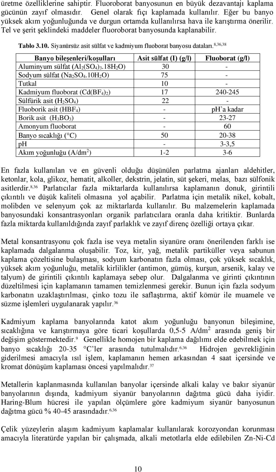 Siyanürsüz asit sülfat ve kadmiyum fluoborat banyosu dataları. 8,36,38 Banyo bileşenleri/koşulları Asit sülfat (I) (g/l) Fluoborat (g/l) Aluminyum sülfat (Al 2(SO 4) 3.