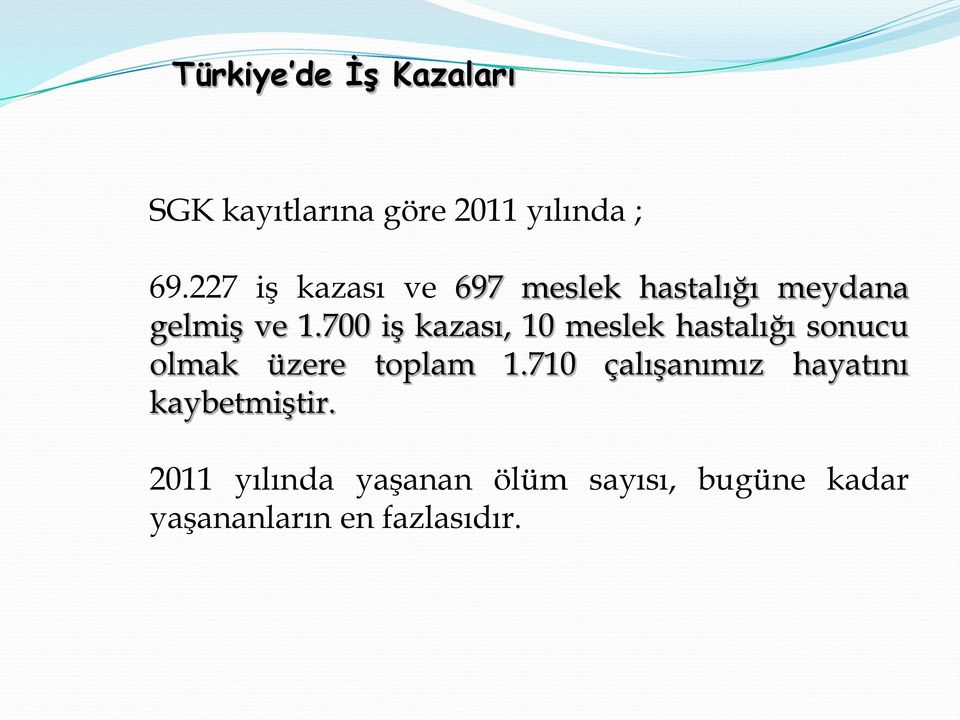 700 iş kazası, 10 meslek hastalığı sonucu olmak üzere toplam 1.