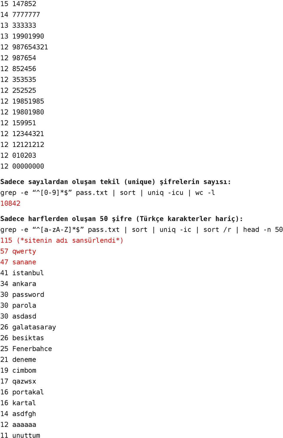 txt sort uniq -icu wc -l 10842 Sadece harflerden oluşan 50 şifre (Türkçe karakterler hariç): grep -e ^[a-za-z]*$ pass.