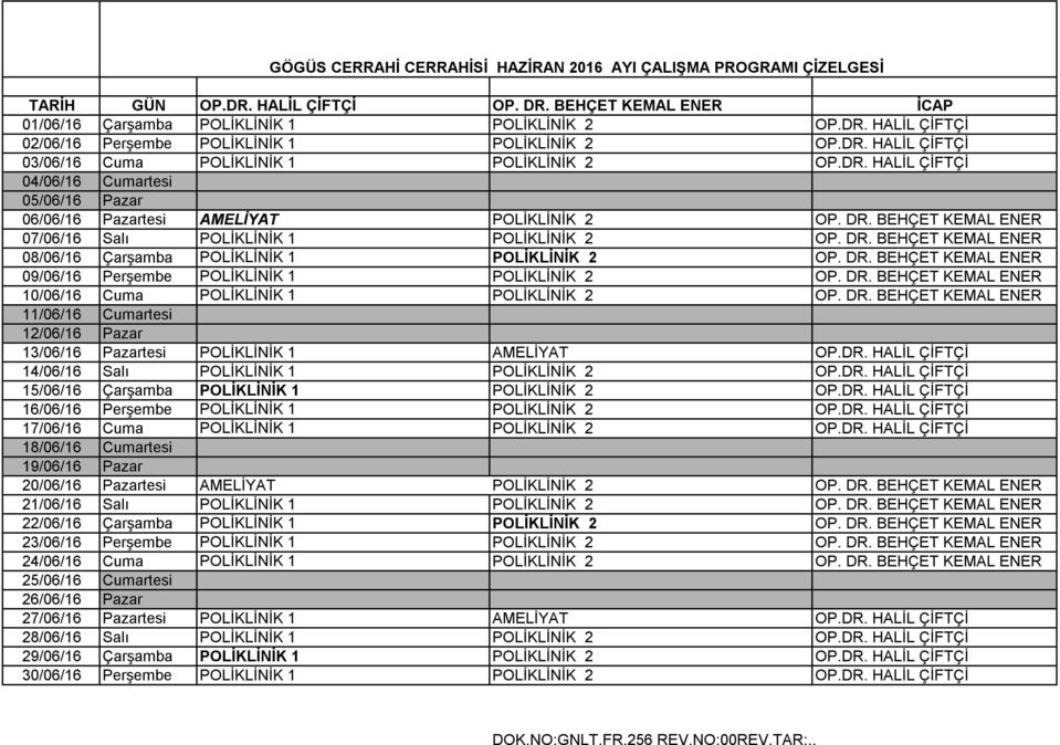 DR. BEHÇET KEMAL ENER 10/06/16 Cuma 1 OP. DR. BEHÇET KEMAL ENER 11/06/16 Cumartesi 12/06/16 Pazar 13/06/16 Pazartesi 1 AMELİYAT OP.DR. HALİL ÇİFTÇİ 14/06/16 Salı 1 OP.DR. HALİL ÇİFTÇİ 15/06/16 Çarşamba 1 OP.