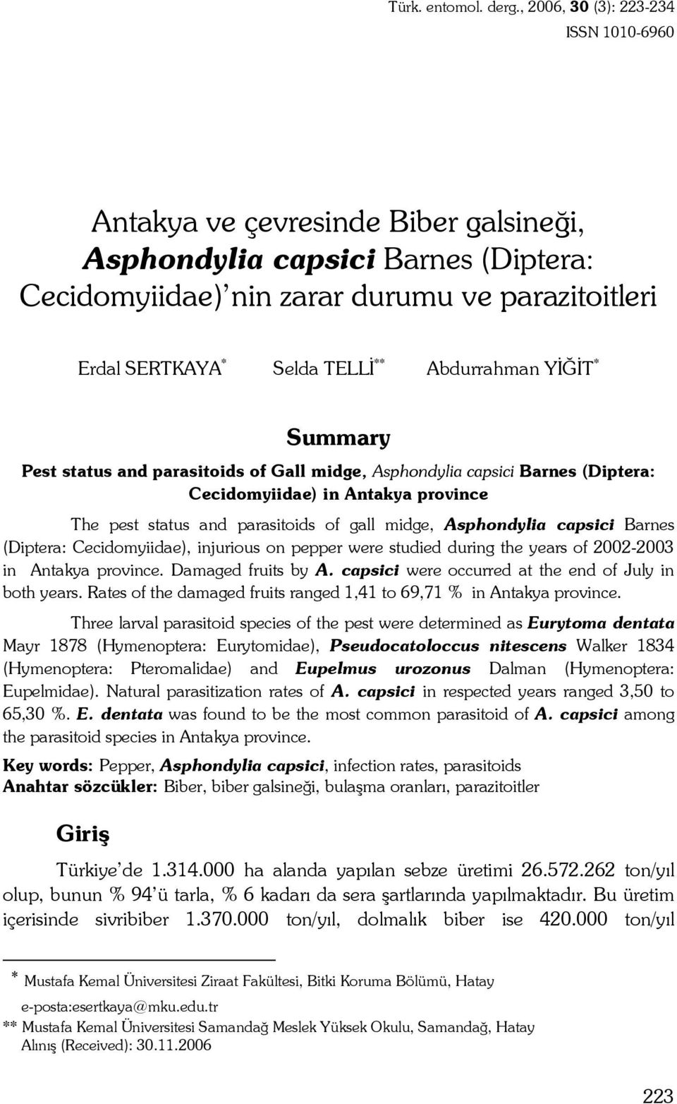 Abdurrahman YİĞİT * Summary Pest status and parasitoids of Gall midge, Asphondylia capsici Barnes (Diptera: Cecidomyiidae) in Antakya province The pest status and parasitoids of gall midge,