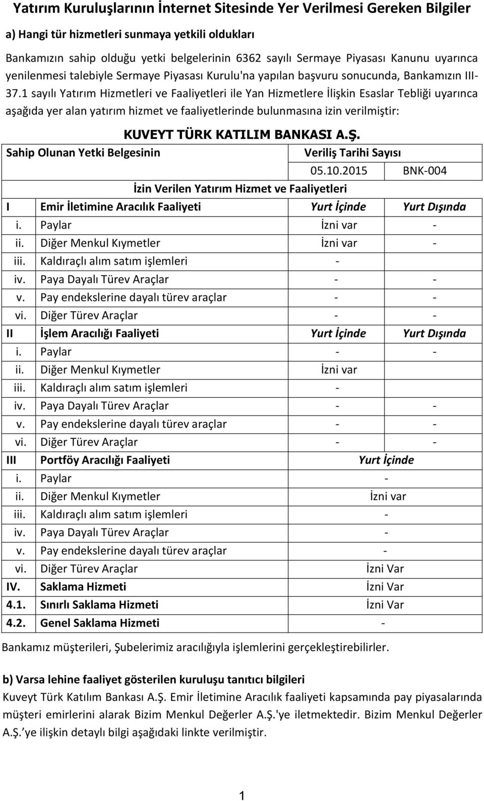 1 sayılı Yatırım Hizmetleri ve Faaliyetleri ile Yan Hizmetlere İlişkin Esaslar Tebliği uyarınca aşağıda yer alan yatırım hizmet ve faaliyetlerinde bulunmasına izin verilmiştir: KUVEYT TÜRK KATILIM