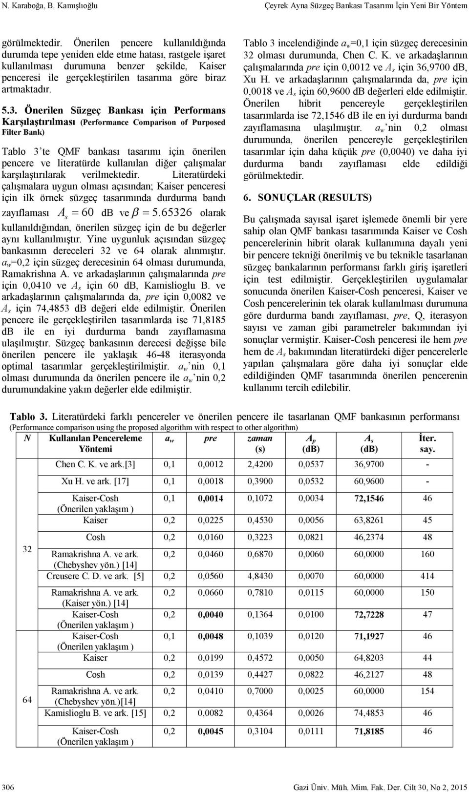 3. Önerilen Süzgeç Bankası için Performans Karşılaştırılması (Performance Comparison of Purposed Filter Bank) Tablo 3 te QMF bankası tasarımı için önerilen pencere ve literatürde kullanılan diğer