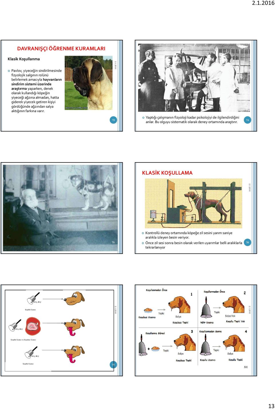 Klasik Koşullanma 73 Yaptığı çalışmanın fizyoloji kadar psikolojiyi de ilgilendirdiğini anlar. Bu olguyu sistematik olarak deney ortamında araştırır.