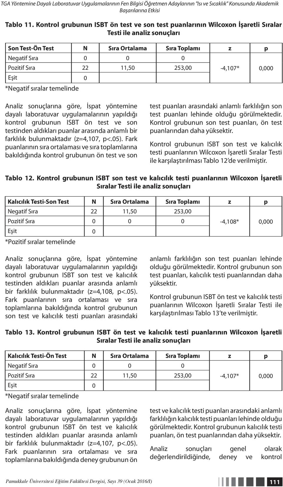 253,00 Eşit 0 *Negatif sıralar temelinde -4,107* 0,000 Analiz sonuçlarına göre, İspat yöntemine dayalı laboratuvar uygulamalarının yapıldığı kontrol grubunun ISBT ön test ve son testinden aldıkları