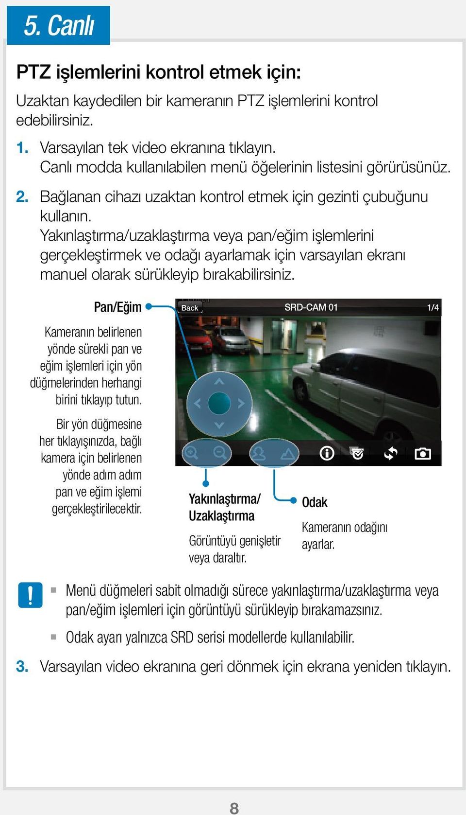 Yakınlaştırma/uzaklaştırma veya pan/eğim işlemlerini gerçekleştirmek ve odağı ayarlamak için varsayılan ekranı manuel olarak sürükleyip bırakabilirsiniz.