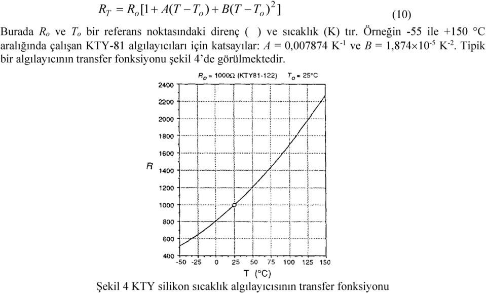 Örneğin -55 ile +150 C aralığında çalışan KTY-81 algılayıcıları için katsayılar: A =