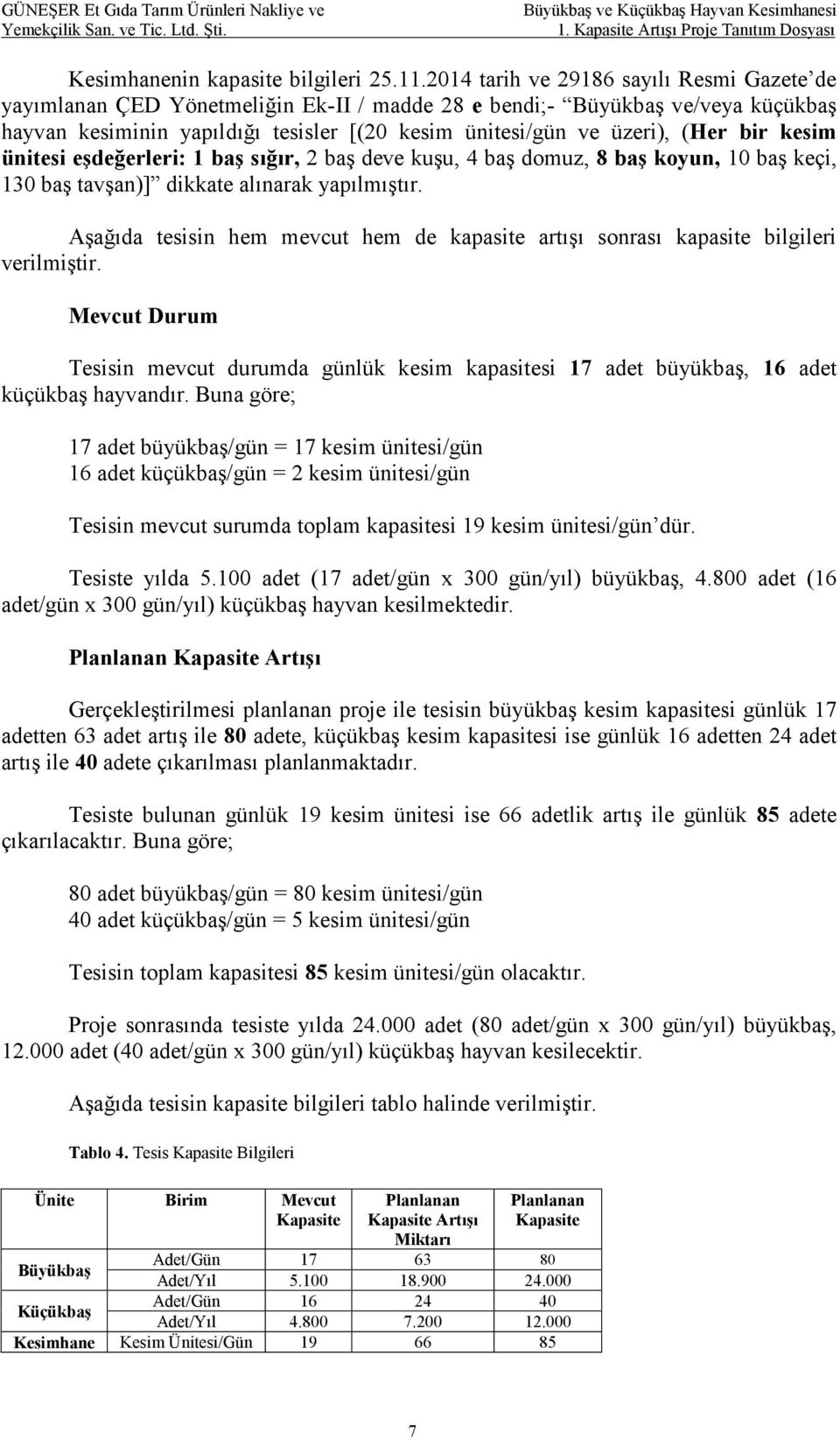 bir kesim ünitesi eşdeğerleri: 1 baş sığır, 2 baş deve kuşu, 4 baş domuz, 8 baş koyun, 10 baş keçi, 130 baş tavşan)] dikkate alınarak yapılmıştır.