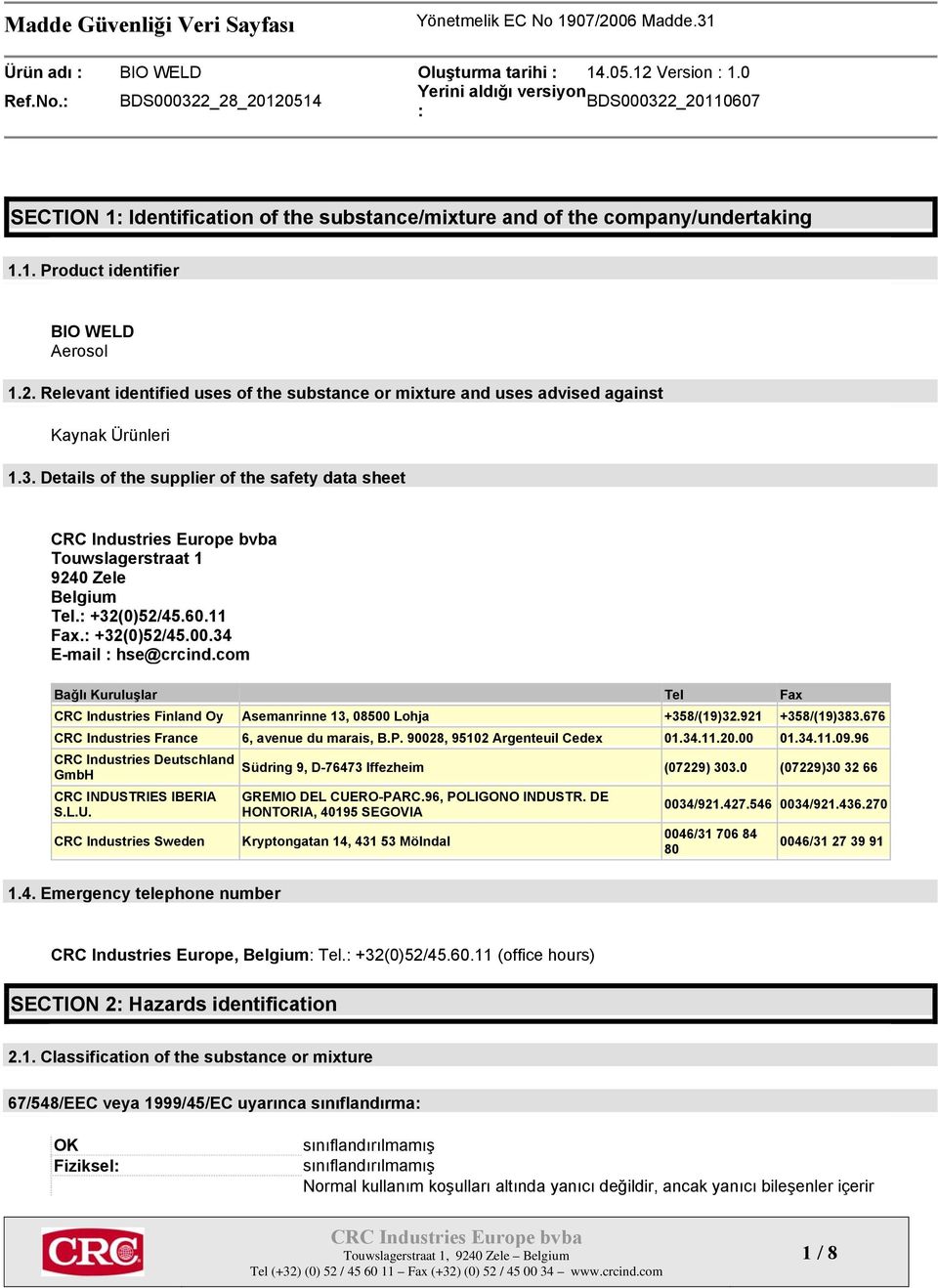 +32(0)52/45.60.11 Fax. +32(0)52/45.00.34 E-mail hse@crcind.com Bağlı Kuruluşlar Tel Fax CRC Industries Finland Oy Asemanrinne 13, 08500 Lohja +358/(19)32.921 +358/(19)383.