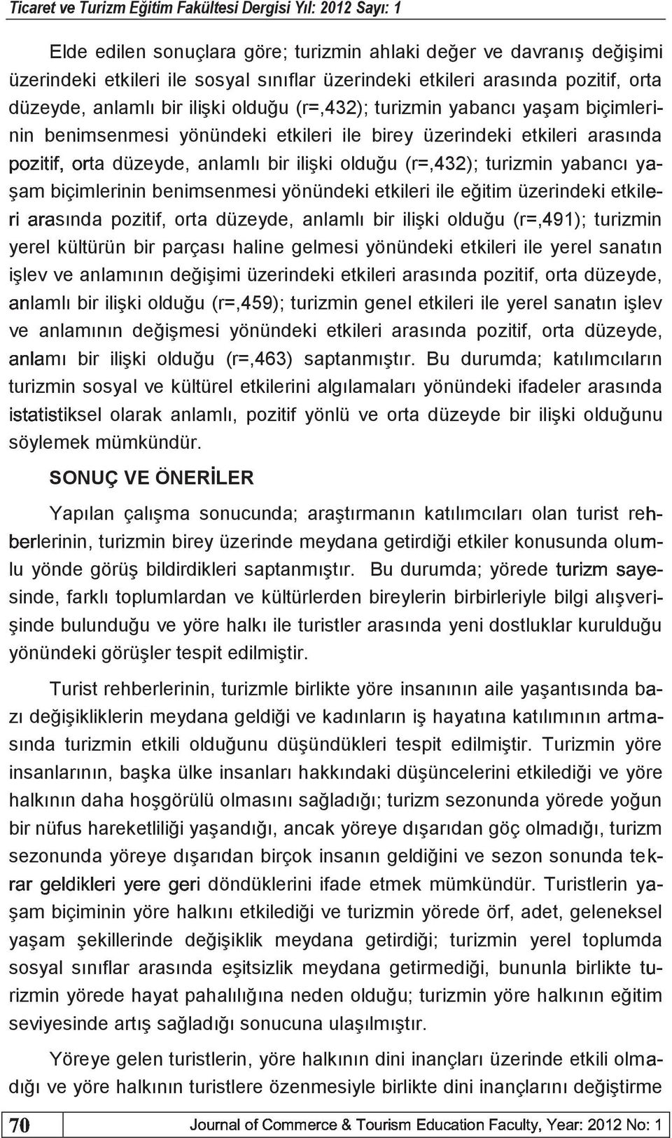 ta düzeyde, anlamlı bir ilişki olduğu (r=,432); turizmin yabancı şam biçimlerinin benimsenmesi yönündeki etkileri ile eğitim üzerindeki etkil-2.+0.