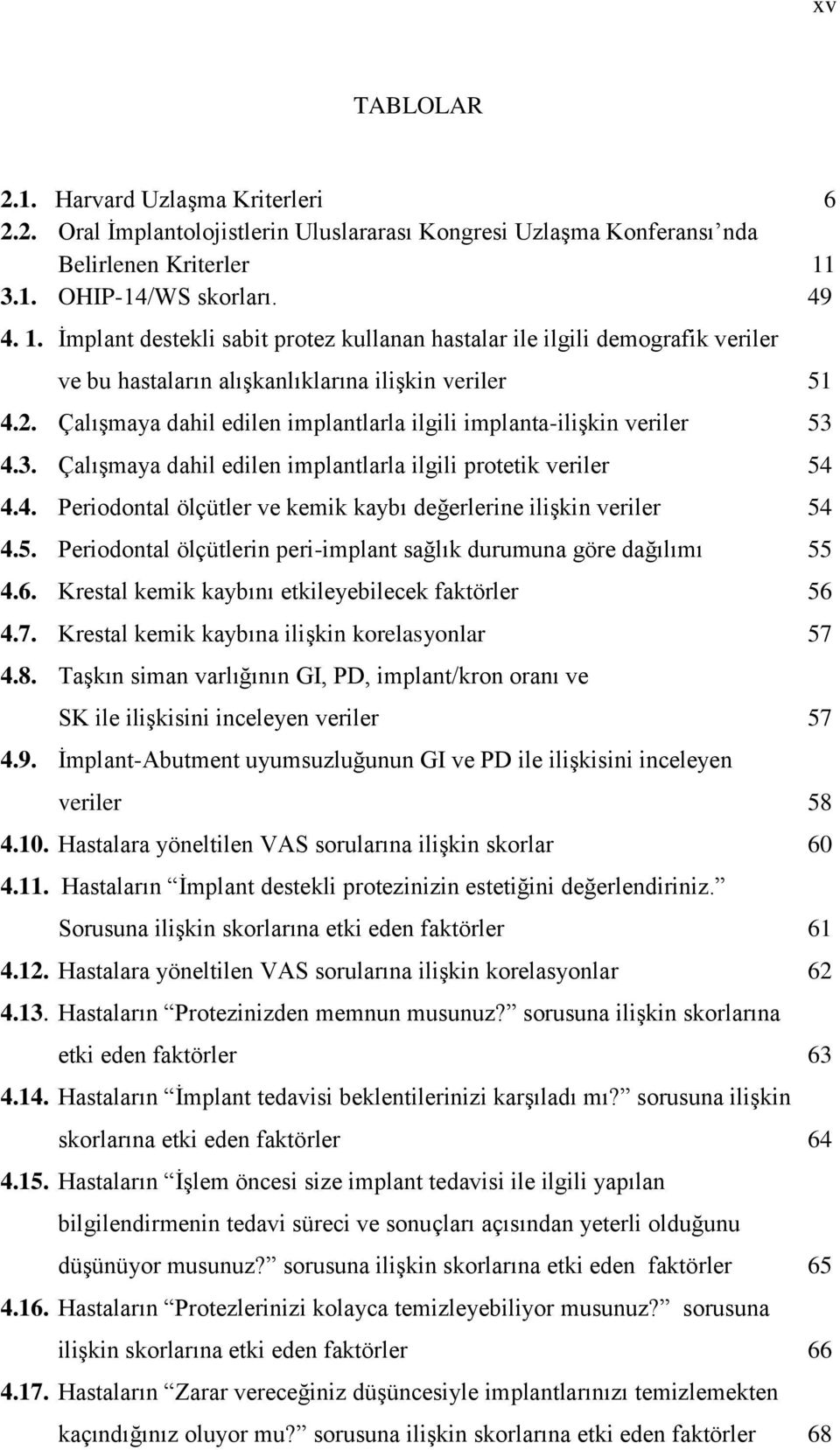 Çalışmaya dahil edilen implantlarla ilgili implanta-ilişkin veriler 53 4.3. Çalışmaya dahil edilen implantlarla ilgili protetik veriler 54 4.4. Periodontal ölçütler ve kemik kaybı değerlerine ilişkin veriler 54 4.