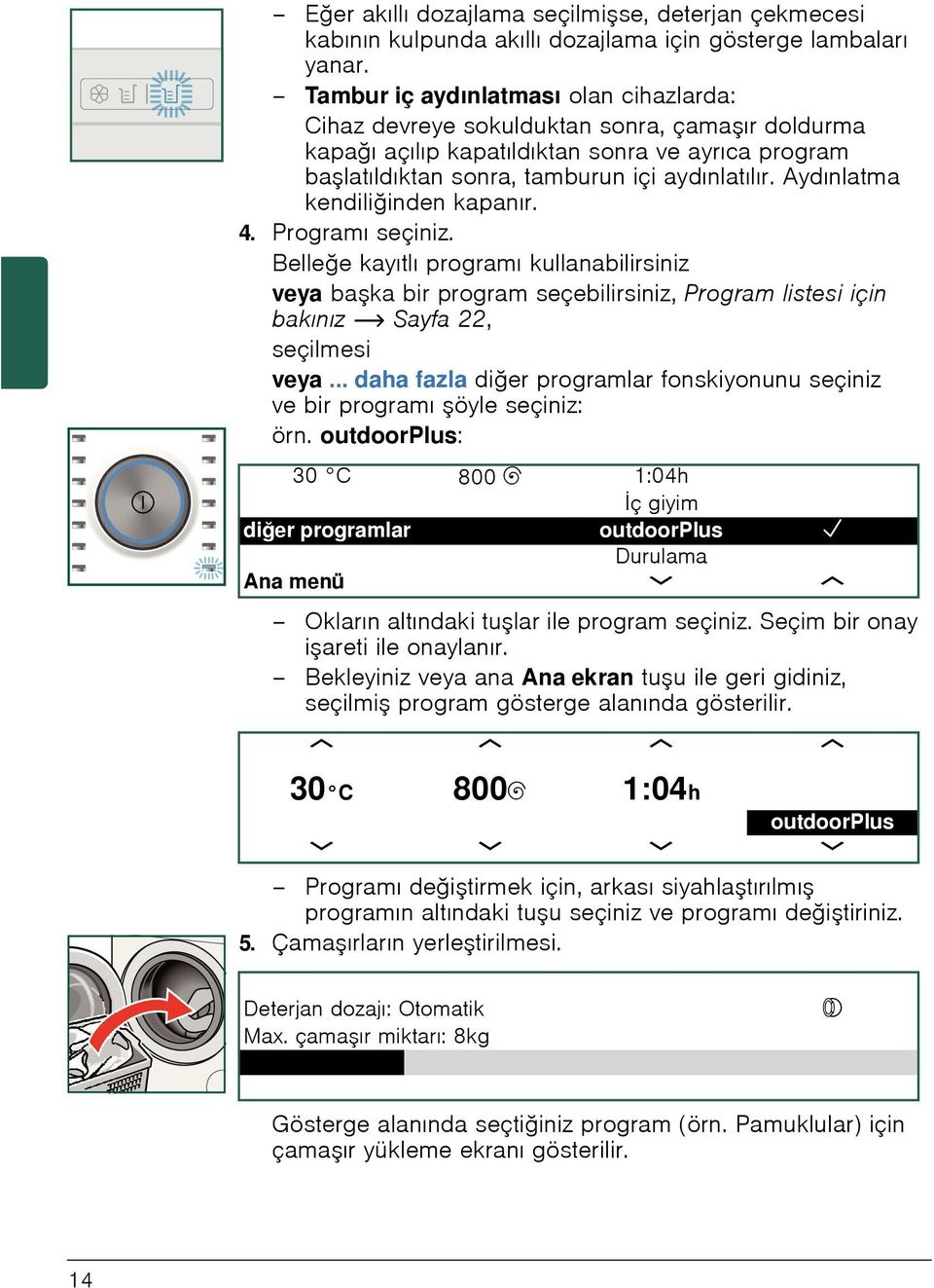 Aydınlatma kendiliğinden kapanır. 4. Programı seçiniz. Belleğe kayıtlı programı kullanabilirsiniz veya ba ka bir program seçebilirsiniz, Program listesi için bakınız ~ Sayfa 22, seçilmesi veya.