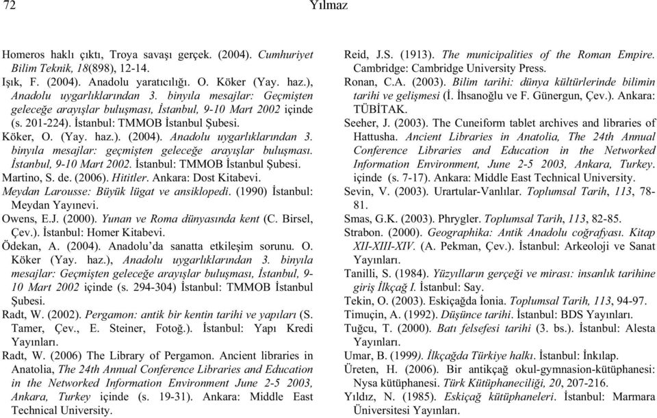 binyıla mesajlar: geçmi ten gelece e arayı lar bulu ması. stanbul, 9-10 Mart 2002. stanbul: TMMOB stanbul ubesi. Martino, S. de. (2006). Hititler. Ankara: Dost Kitabevi.