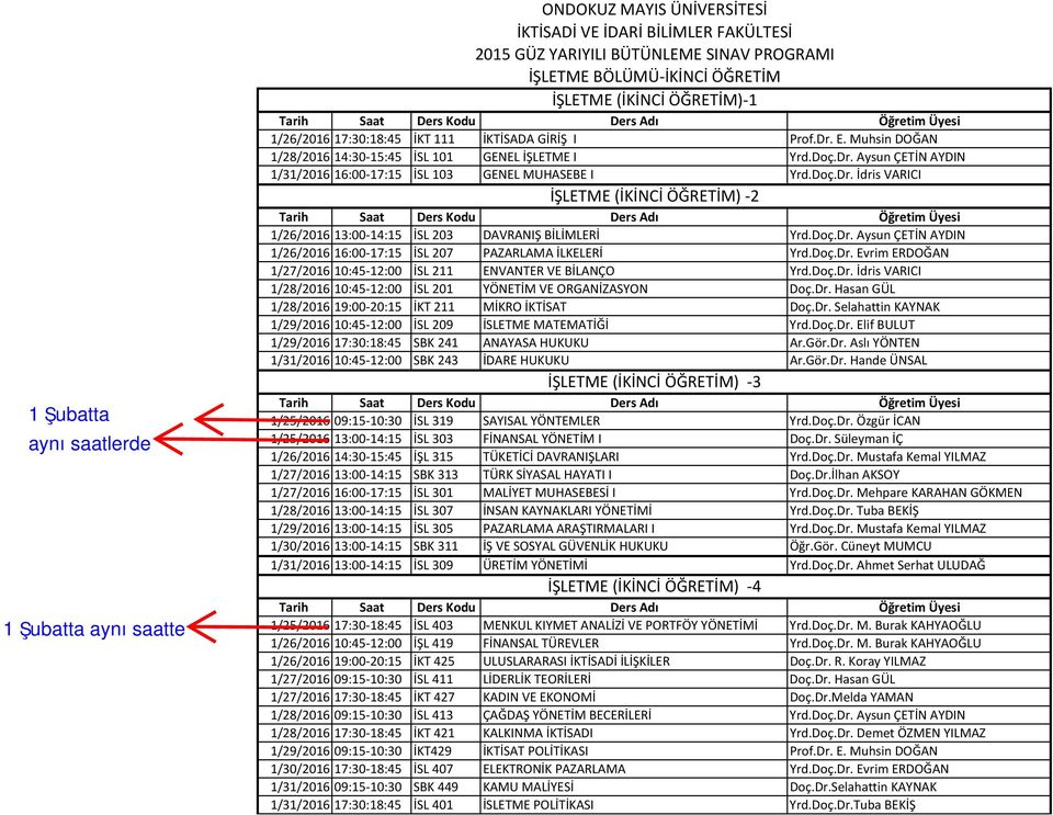 Doç.Dr. İdris VARICI 1/28/2016 10:45 12:00 İSL 201 YÖNETİM VE ORGANİZASYON Doç.Dr. Hasan GÜL 1/28/2016 19:00 20:15 İKT 211 MİKRO İKTİSAT Doç.Dr. Selahattin KAYNAK 1/29/2016 10:45 12:00 İSL 209 İSLETME MATEMATİĞİ Yrd.