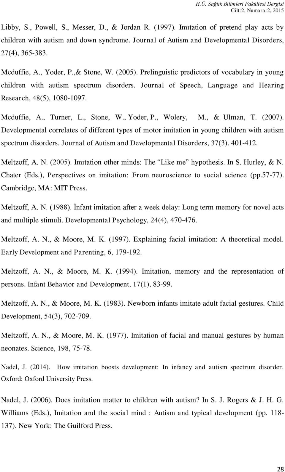 Mcduffie, A., Turner, L., Stone, W., Yoder, P., Wolery, M., & Ulman, T. (2007). Developmental correlates of different types of motor imitation in young children with autism spectrum disorders.