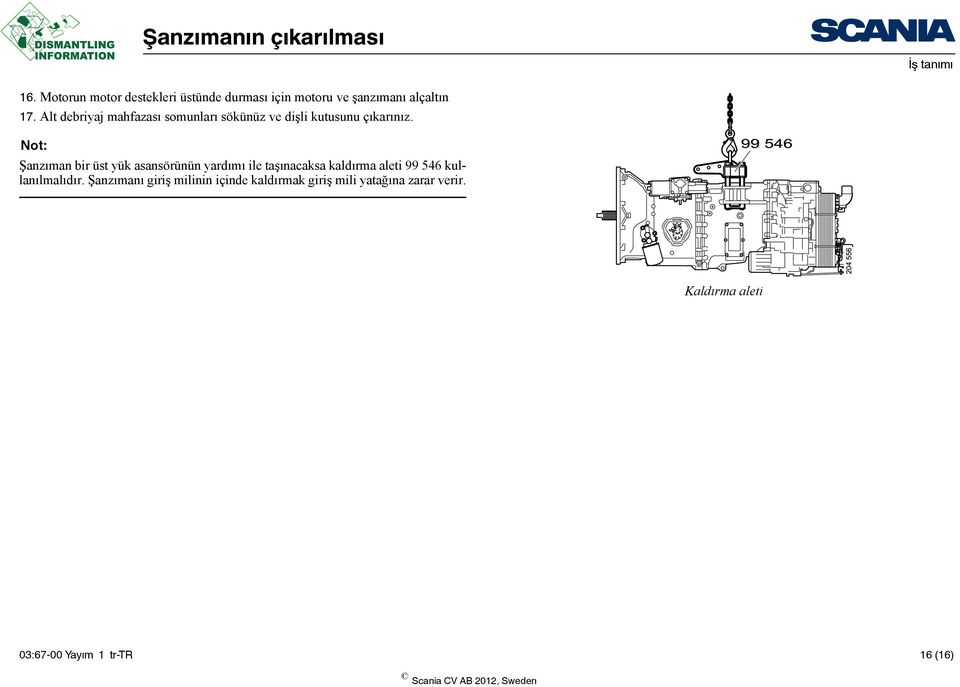 Not: Şanzıman bir üst yük asansörünün yardımı ile taşınacaksa kaldırma aleti 99 546