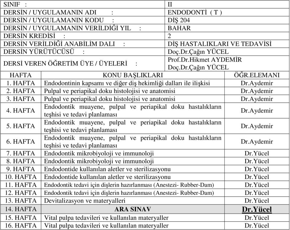 HAFTA Pulpal ve periapikal doku histolojisi ve anatomisi Dr.Aydemir 4. HAFTA Endodontik muayene, pulpal ve periapikal doku hastalıkların teşhisi ve tedavi planlaması Dr.Aydemir 5.