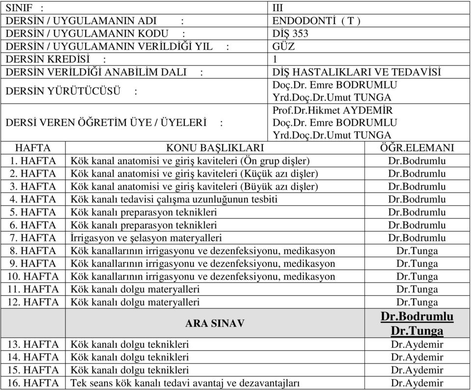 HAFTA Kök kanal anatomisi ve giriş kaviteleri (Büyük azı dişler) Dr.Bodrumlu 4. HAFTA Kök kanalı tedavisi çalışma uzunluğunun tesbiti Dr.Bodrumlu 5. HAFTA Kök kanalı preparasyon teknikleri Dr.