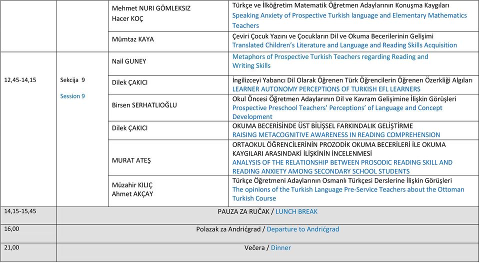 Turkish Teachers regarding Reading and Writing Skills 12,45-14,15 Sekcija 9 Session 9 Dilek ÇAKICI Birsen SERHATLIOĞLU Dilek ÇAKICI MURAT ATEŞ Müzahir KILIÇ Ahmet AKÇAY 14,15-15,45 PAUZA ZA RUČAK /