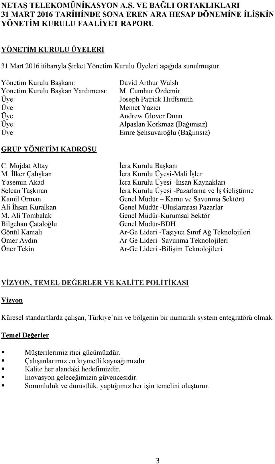 Cumhur Özdemir Joseph Patrick Huffsmith Memet Yazıcı Andrew Glover Dunn Alpaslan Korkmaz (Bağımsız) Emre Şehsuvaroğlu (Bağımsız) GRUP YÖNETİM KADROSU C. Müjdat Altay İcra Kurulu Başkanı M.