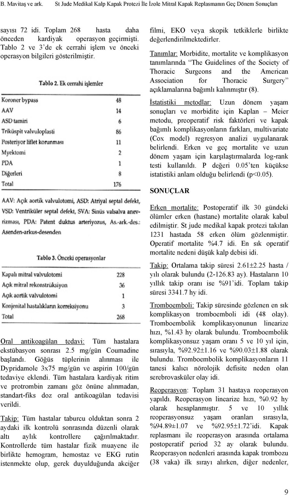 Tanımlar: Morbidite, mortalite ve komplikasyon tanımlarında The Guidelines of the Society of Thoracic Surgeons and the American Association for Thoracic Surgery açıklamalarına bağımlı kalınmıştır (8).