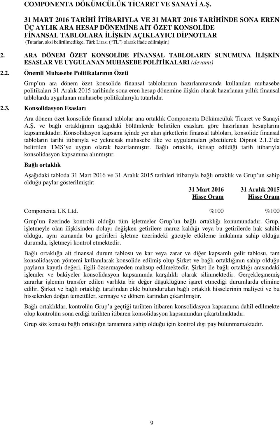 politikalarıyla tutarlıdır. 2.3. Konsolidasyon Esasları Ara dönem özet konsolide finansal tablolar ana ortaklık Componenta Dökümcülük Ticaret ve Sanayi A.Ş.