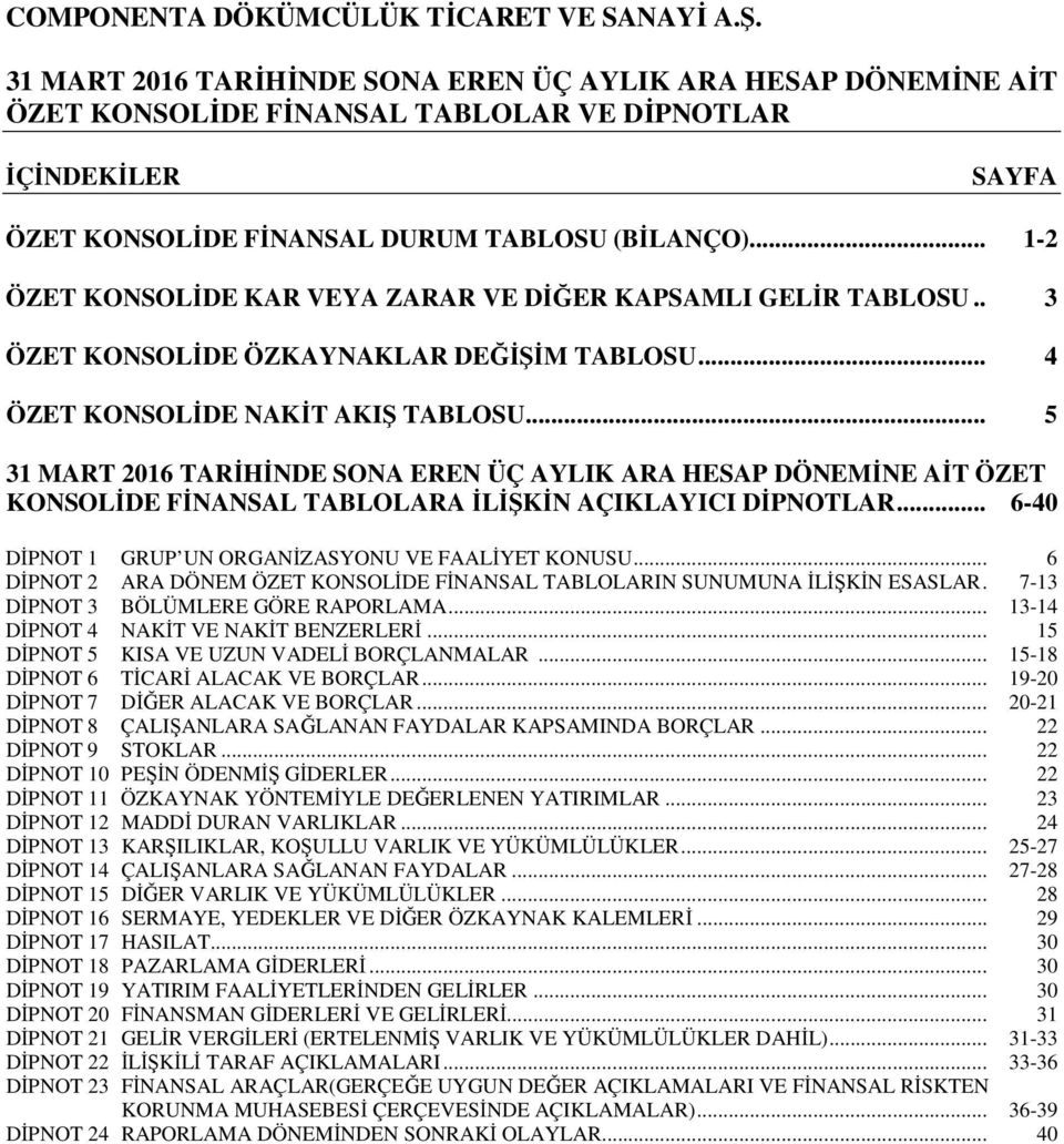 .. 5 31 MART 2016 TARİHİNDE SONA EREN ÜÇ AYLIK ARA HESAP DÖNEMİNE AİT ÖZET KONSOLİDE... 6-40 DİPNOT 1 GRUP UN ORGANİZASYONU VE FAALİYET KONUSU.