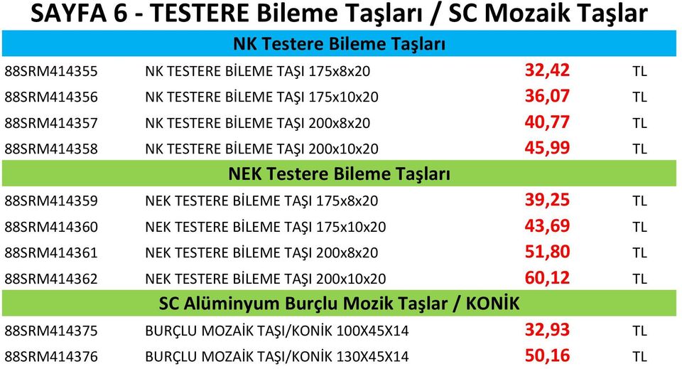 TESTERE BİLEME TAŞI 175x8x20 39,25 TL 88SRM414360 NEK TESTERE BİLEME TAŞI 175x10x20 43,69 TL 88SRM414361 NEK TESTERE BİLEME TAŞI 200x8x20 51,80 TL 88SRM414362 NEK TESTERE