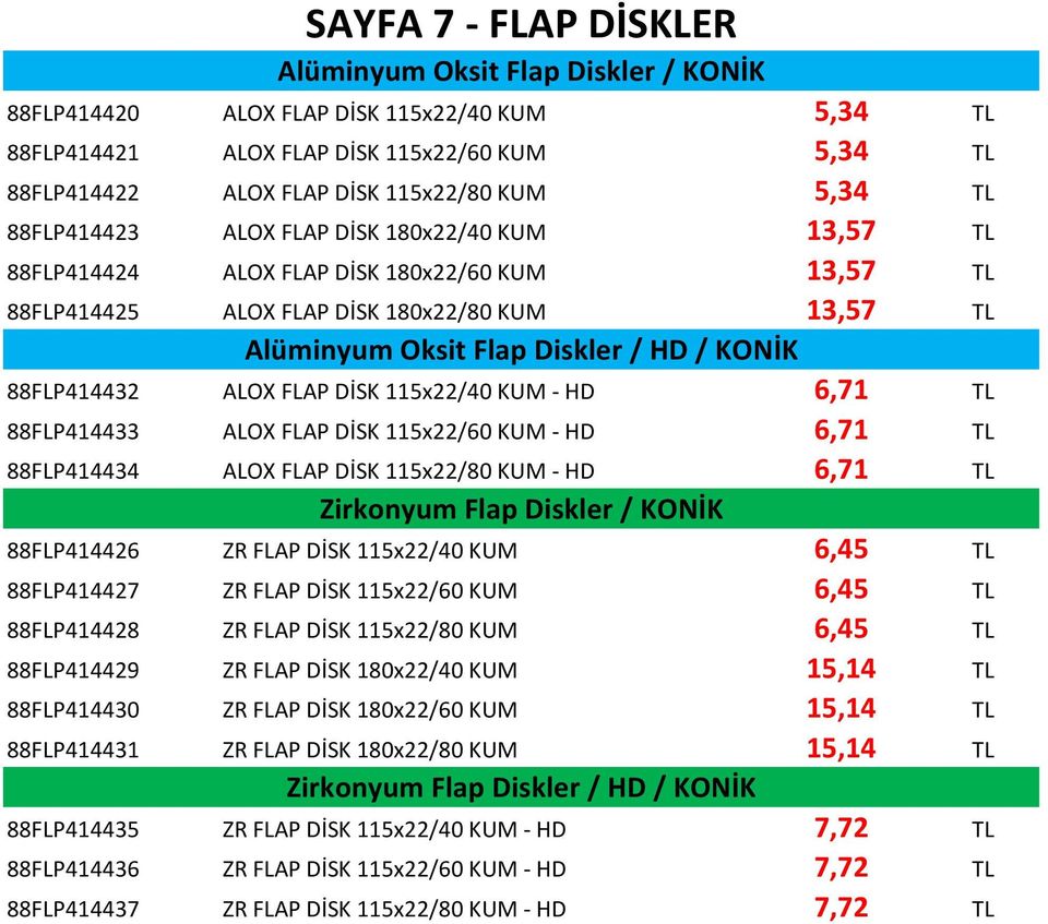 88FLP414432 ALOX FLAP DİSK 115x22/40 KUM - HD 6,71 TL 88FLP414433 ALOX FLAP DİSK 115x22/60 KUM - HD 6,71 TL 88FLP414434 ALOX FLAP DİSK 115x22/80 KUM - HD 6,71 TL Zirkonyum Flap Diskler / KONİK